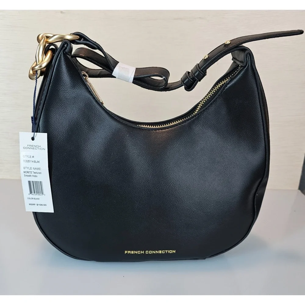 French Connection Moritz Hobo Bag Womens Black Smooth Zip Purse Shoulder